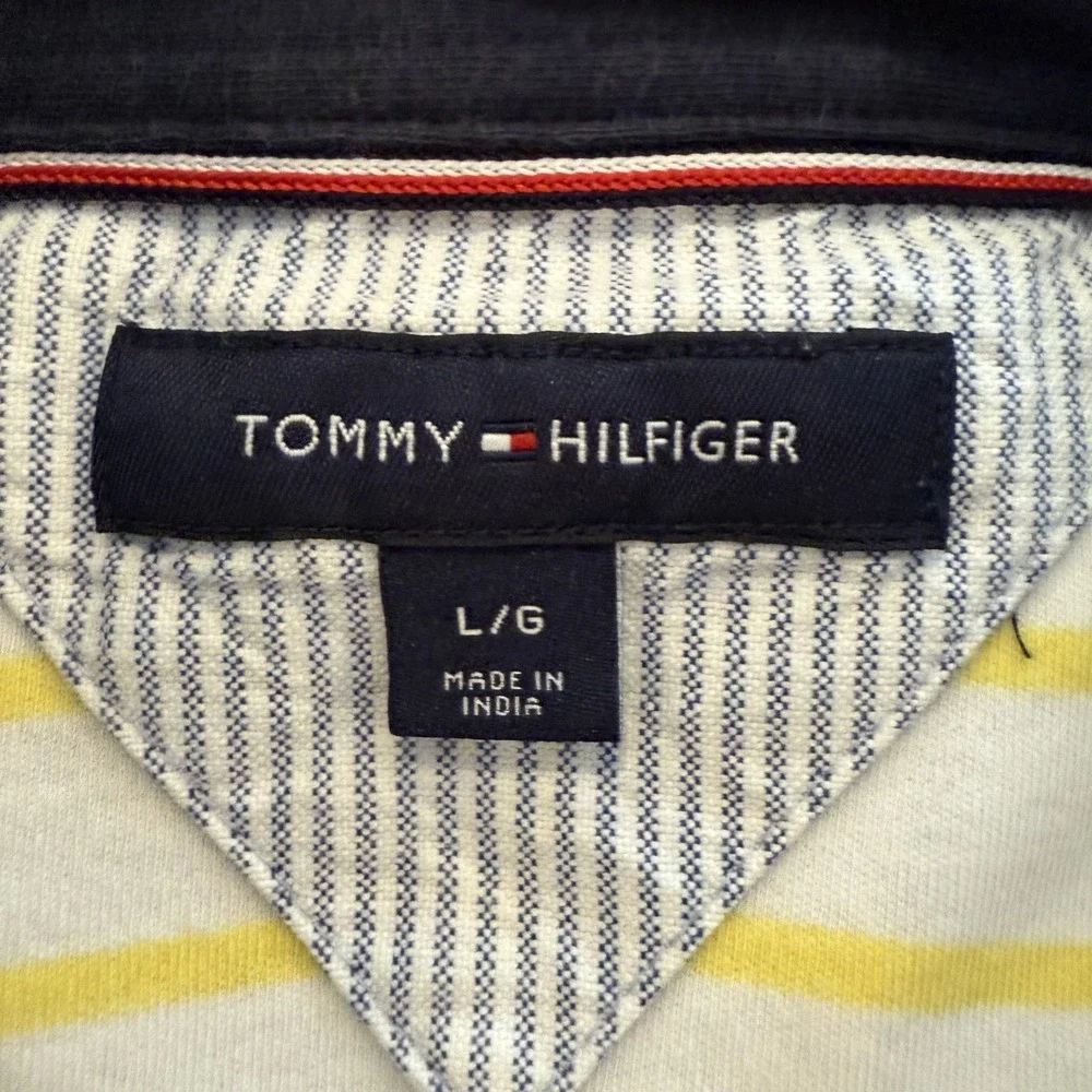 Tommy Hilfiger Men's‎ Large Polo Shirt White Yellow Stripes Blue Collar